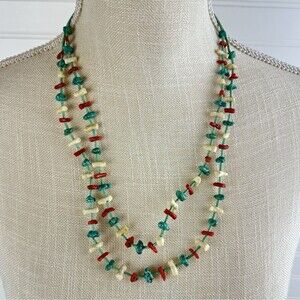 VTG Southwestern Turquoise Nugget 2 Strand Coral Heishi Beads Sterling Necklace